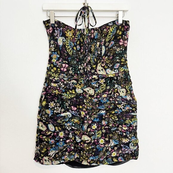 Zara Halter Tie Smocked Ruched Strapless Bodycon Floral Mini Dress Size Small - Picture 8 of 9